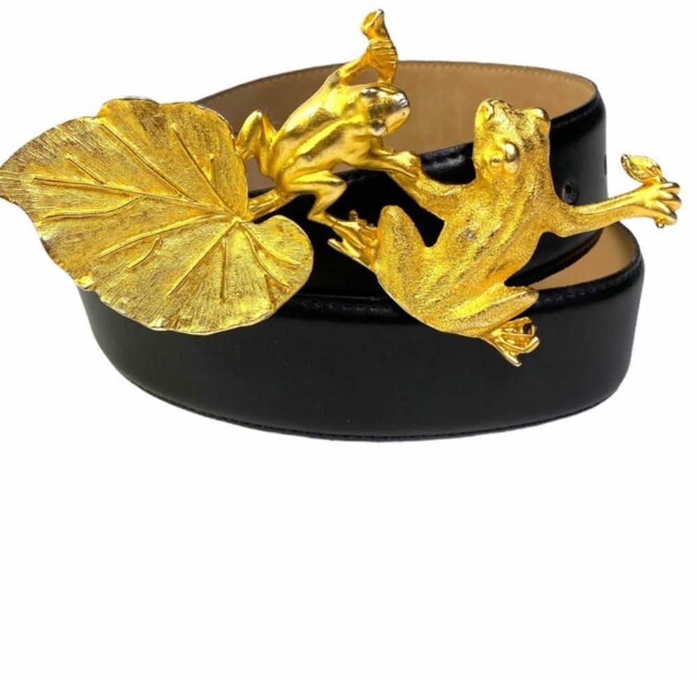 Black Leather Belt with Gold Frog & Lily Buckle
